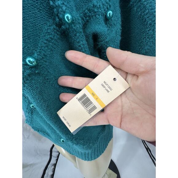 NEW Nanette Lepore Small Women Pullover Pearl Sweater In Deep Lake Cropped 2-12 - Picture 5 of 11